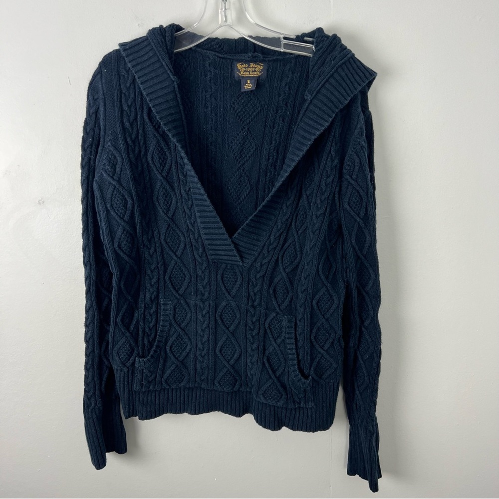 Polo Ralph Lauren Navy Cable Knit Hooded Sweater Vintage